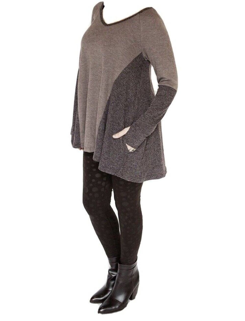 Medium Aria Brown Grey Women's Sweater Tunic top Pockets Thumbholes
